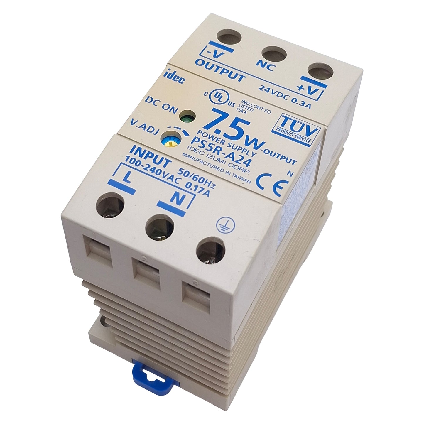 Used Idec PS5R-A24 Switching Power Supply 100-240VAC In, 24VDC 0.3A Out, DIN Rail
