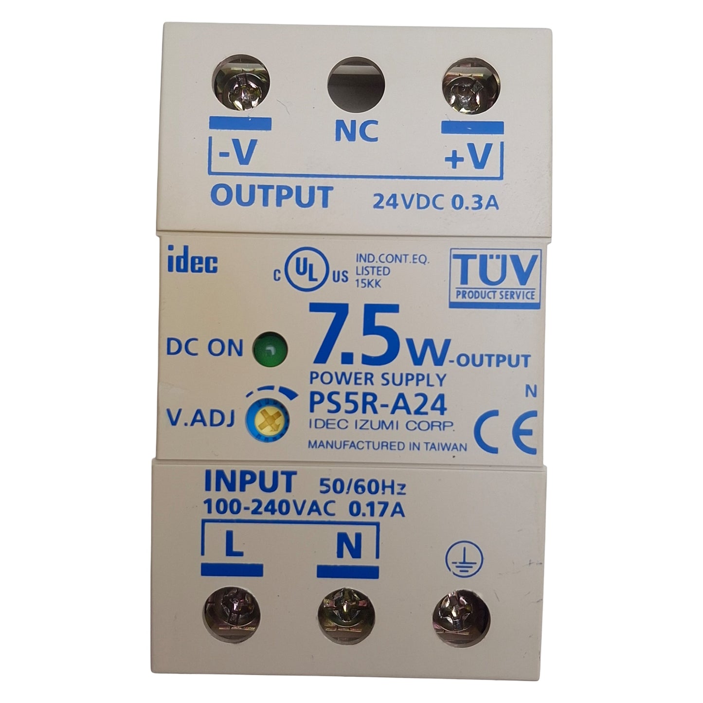 Used Idec PS5R-A24 Switching Power Supply 100-240VAC In, 24VDC 0.3A Out, DIN Rail
