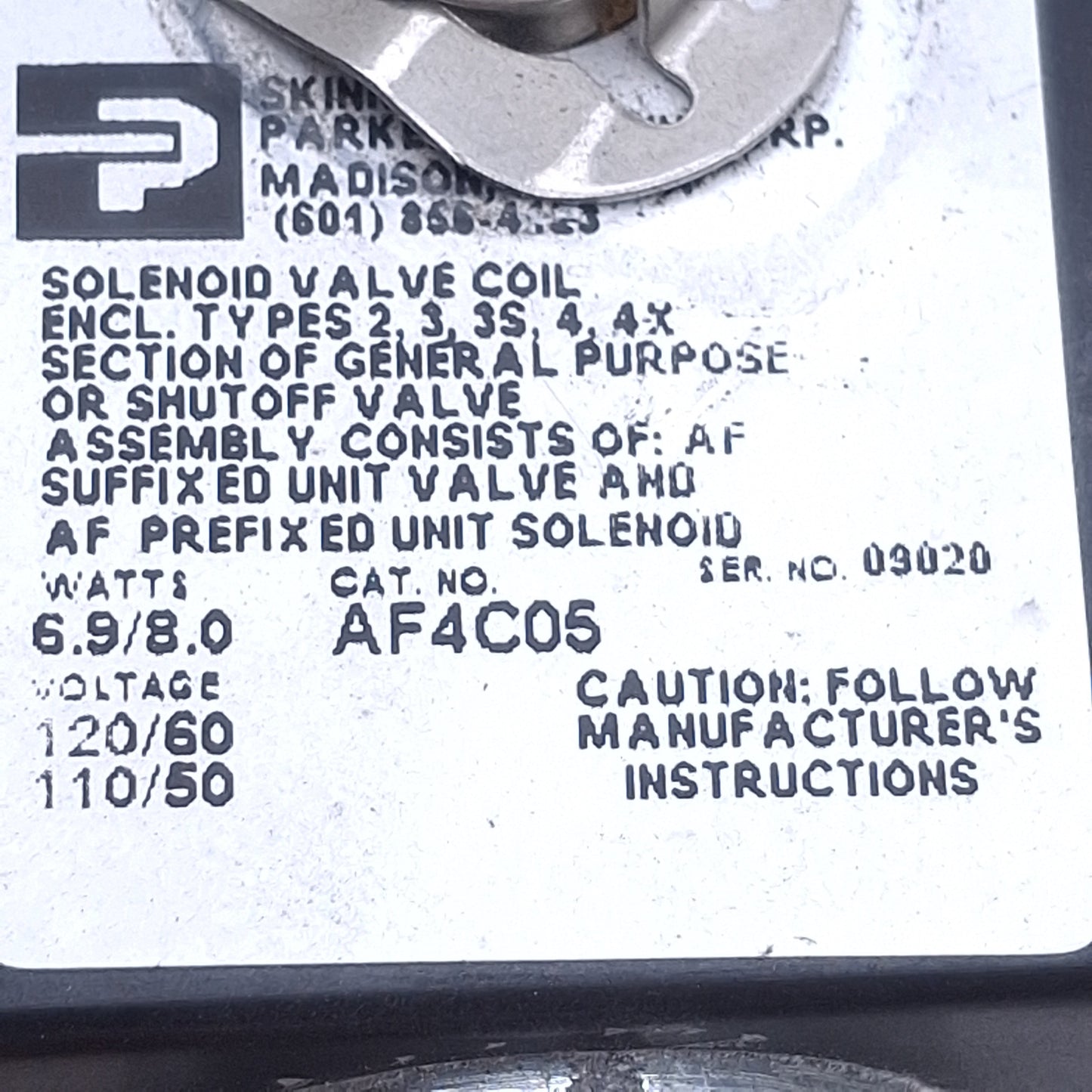 Used Parker AF4C05 Solenoid Valve 1/2 NPT Conduit, 1/4 NPT Ports, 120V AC Coil
