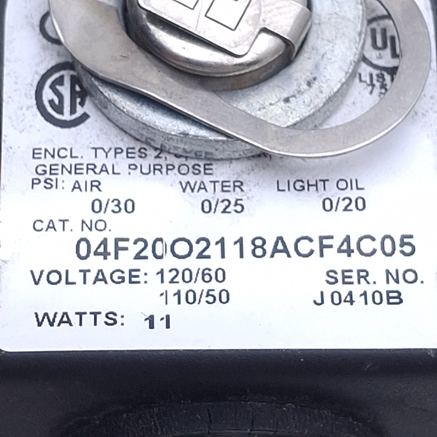 Used Parker 04F20O2118ACF4C05 Solenoid Valve, 2-Way, 300psi, 1/4 NPT, 100-120VAC Coil