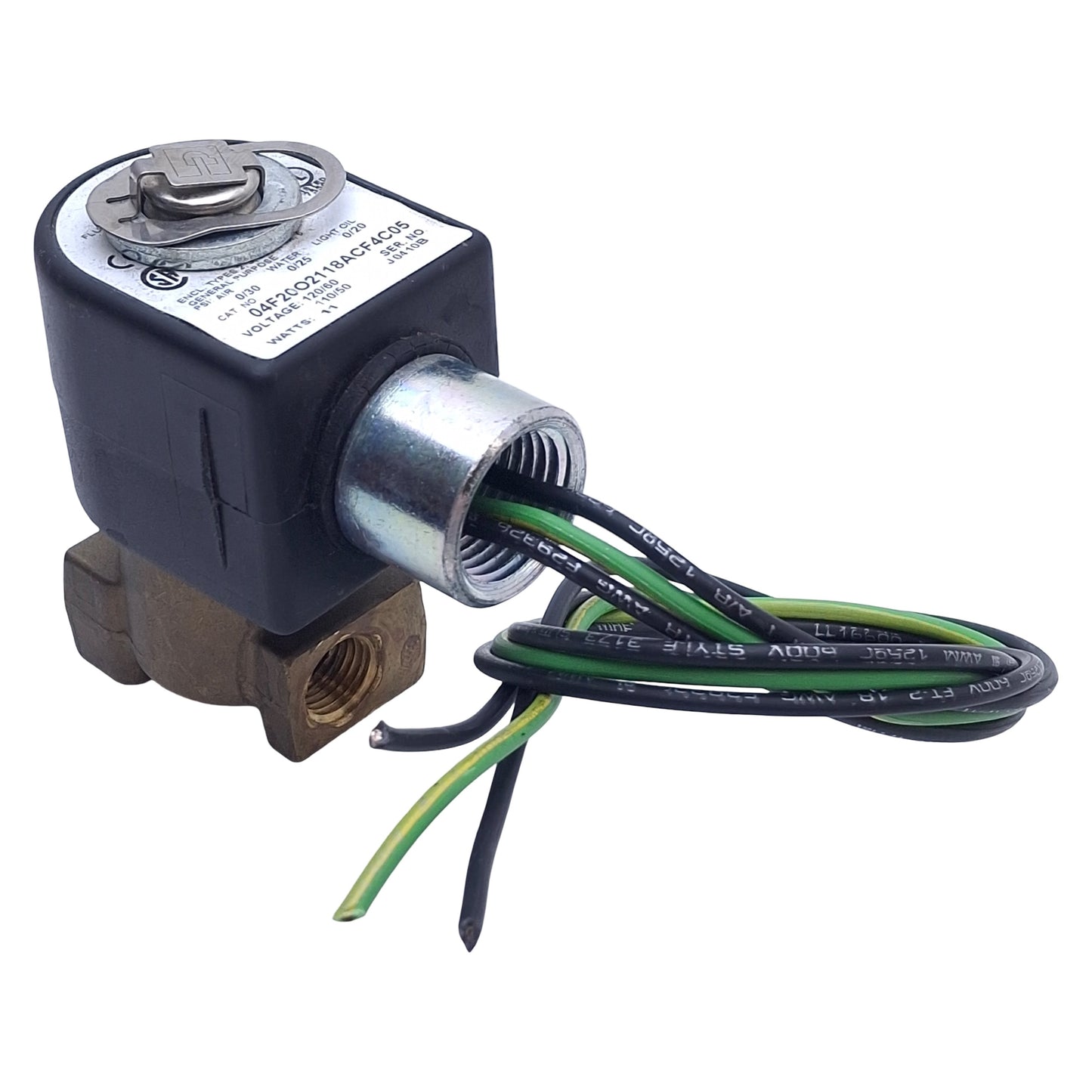 Used Parker 04F20O2118ACF4C05 Solenoid Valve, 2-Way, 300psi, 1/4 NPT, 100-120VAC Coil