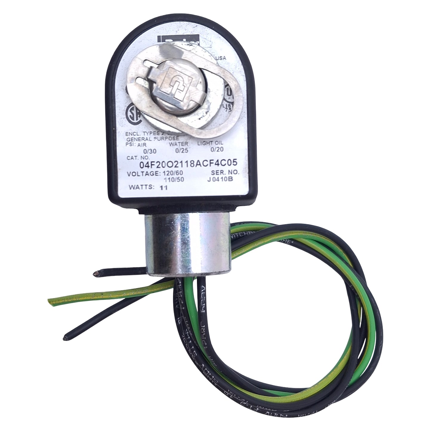 Used Parker 04F20O2118ACF4C05 Solenoid Valve, 2-Way, 300psi, 1/4 NPT, 100-120VAC Coil