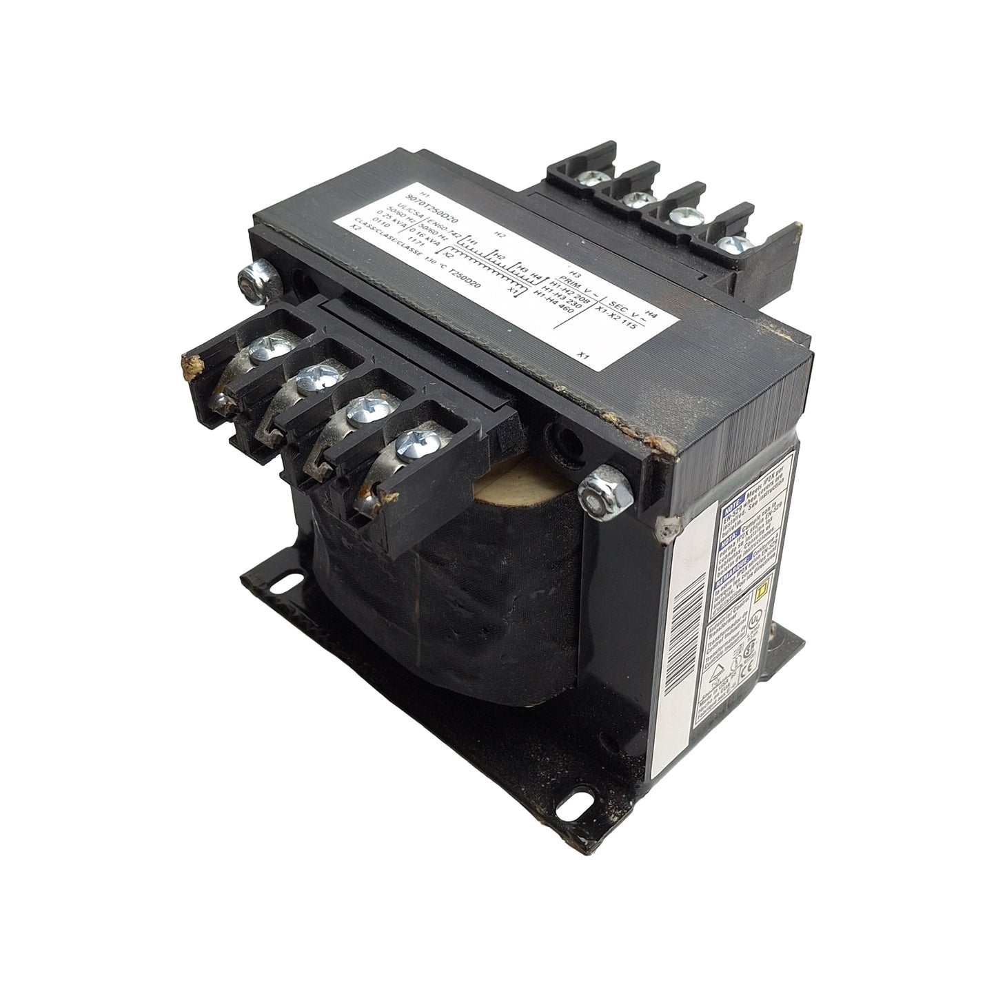 Used Square D 9070T250D20 Control Transformer 208/230/460VAC Pri, 115VAC 2nd, 250VA