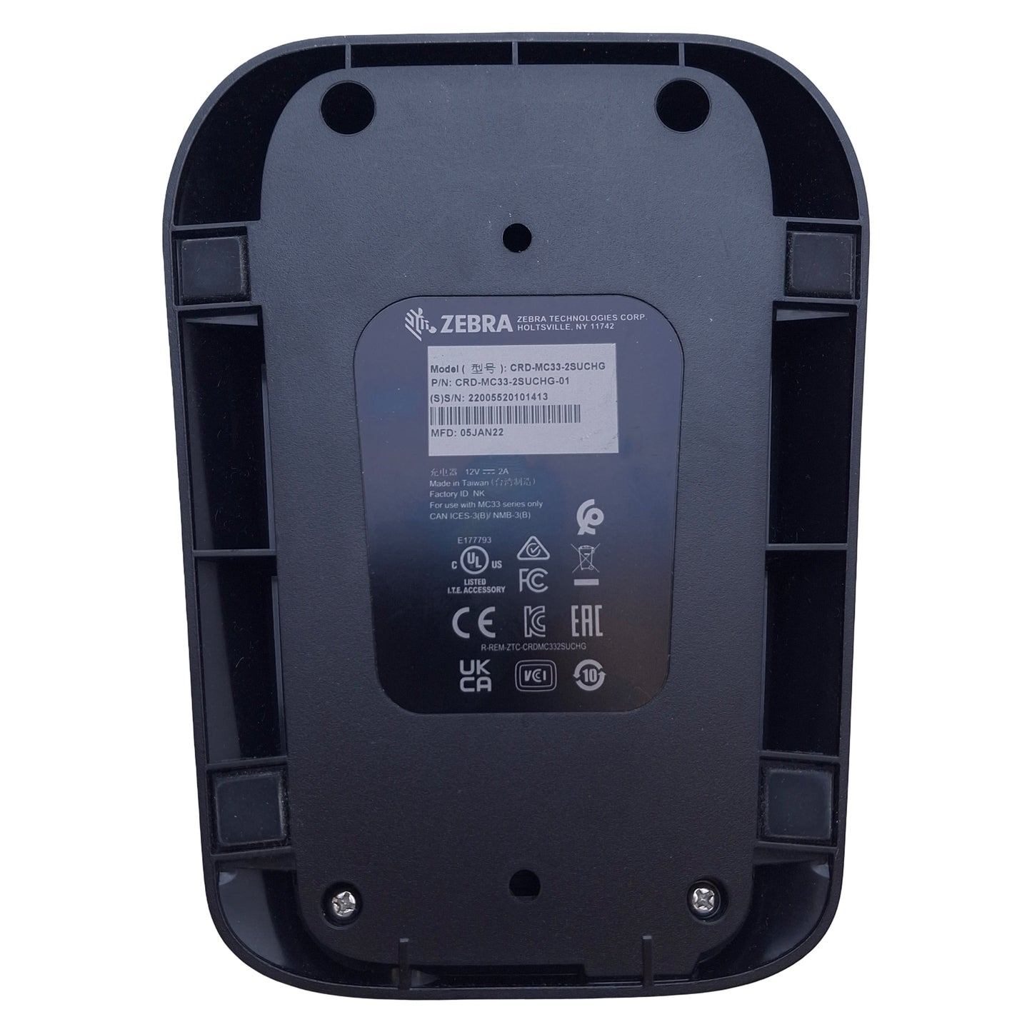 Used Zebra CRD-MC33-2SUCHG-01 Charging Cradle w/Spare Battery, 1 Slot, 12VDC 2A