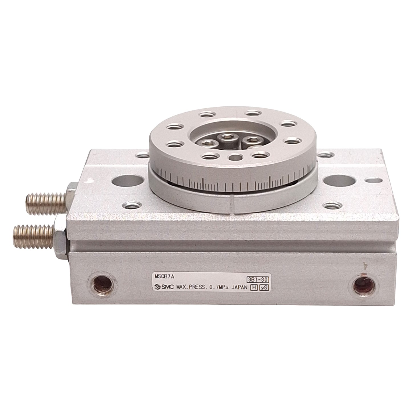 Used SMC MSQB7A Pneumatic Rotary Table, ø12mm Bore, 0-190° Rotation, 0.7MPa, M5x0.8