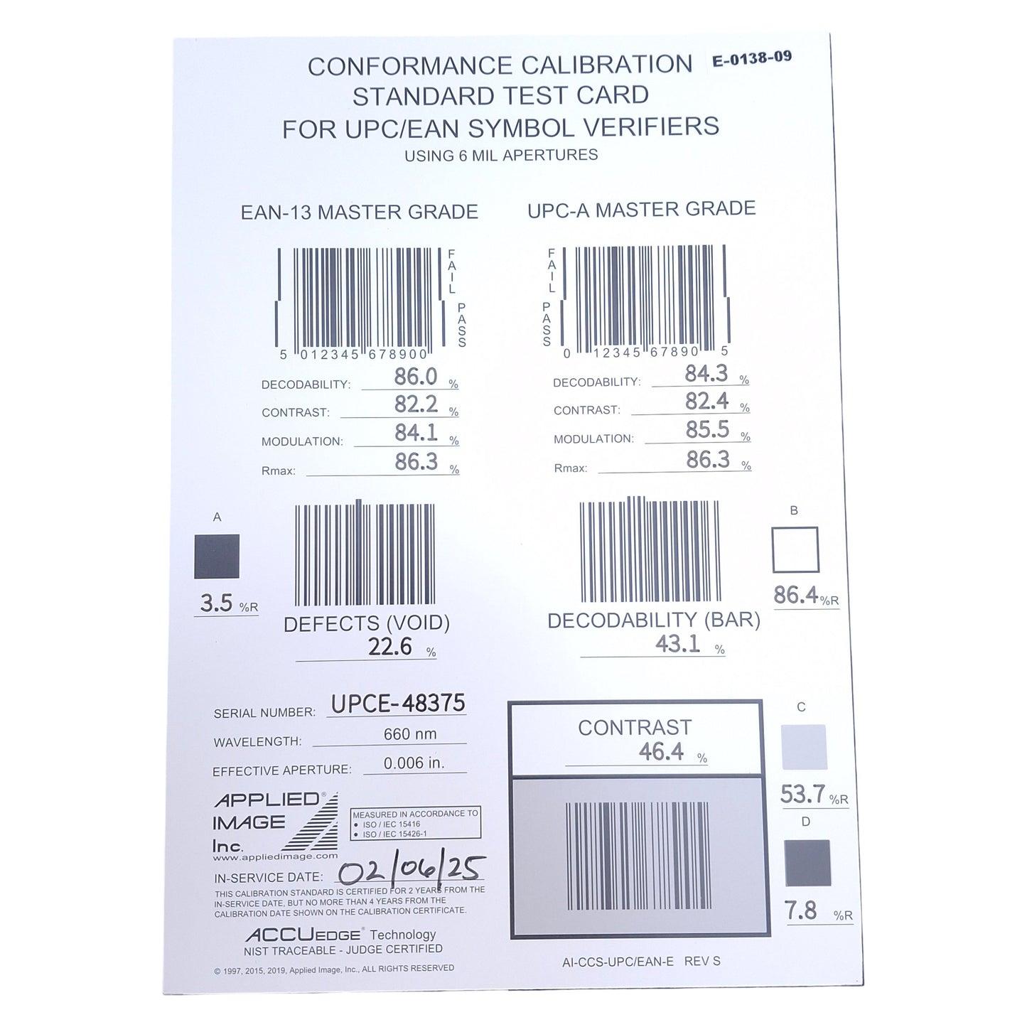 Used Omron 98-CAL020 Microscan Conformance Calibration Standard Test Card For LVS-95