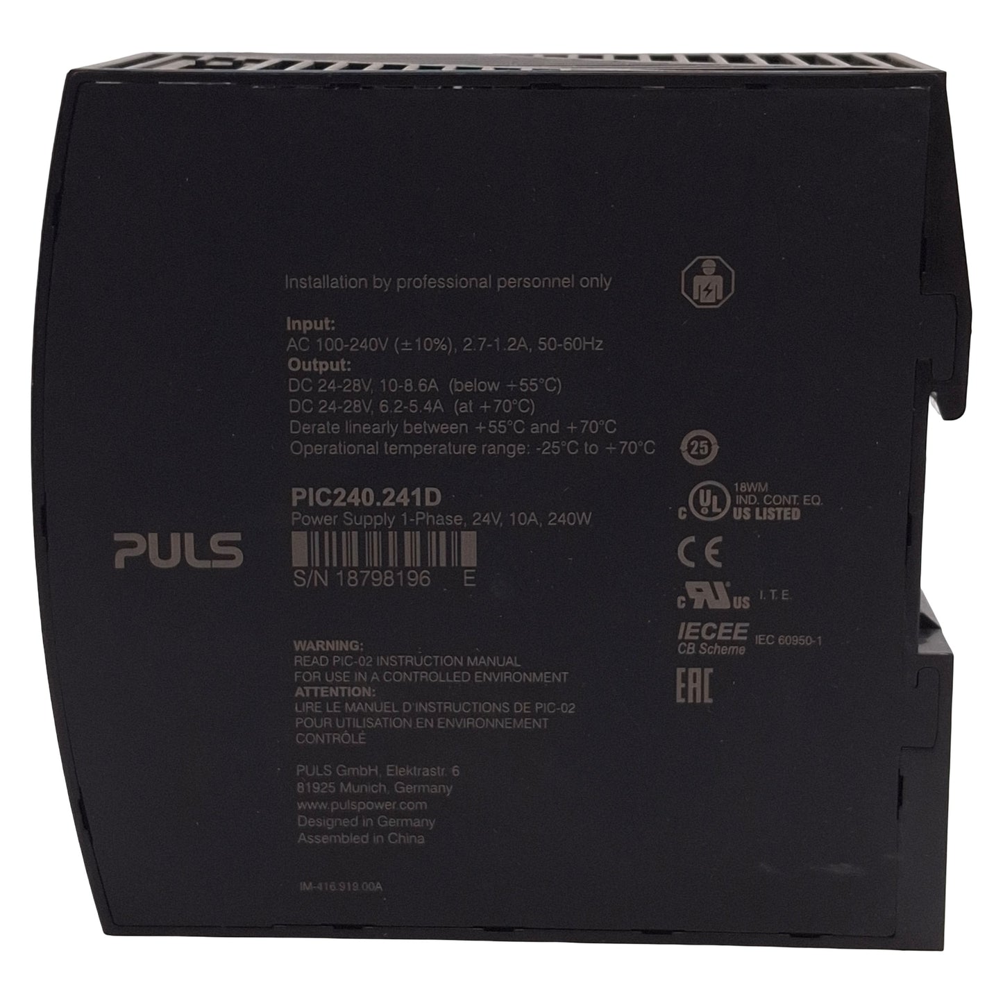 Used PULS PIC240.241D Piano PLC Power Supply, 240W, 24-28VDC Output, 100-120VAC Input