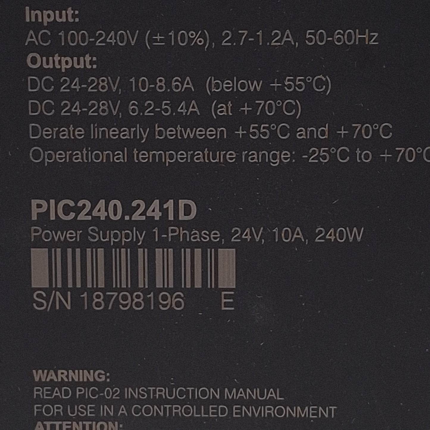 Used PULS PIC240.241D Piano PLC Power Supply, 240W, 24-28VDC Output, 100-120VAC Input