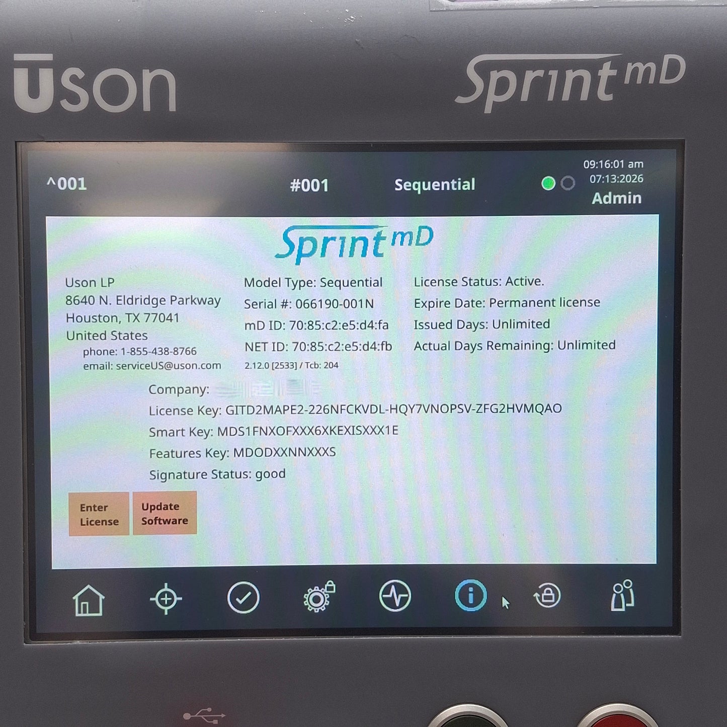 Used USON Sprint mD Single-Channel Leak Tester, Sequential Mode, 0-60psig / 0~-15psig