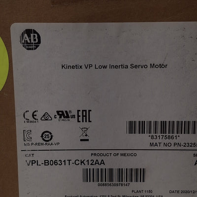 New Allen Bradley VPL-B0631T-CK12AA Kinetix Low Inertia Servo Motor, 480VAC, 8000RPM