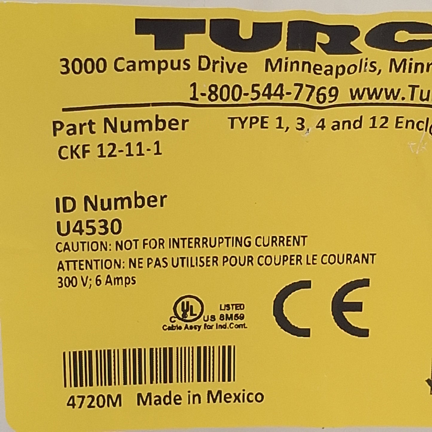 New – Open box Turck CFK 12-11-1 Actuator and Sensor Receptacle, 12-Pin M20 Female to Leads, 1m