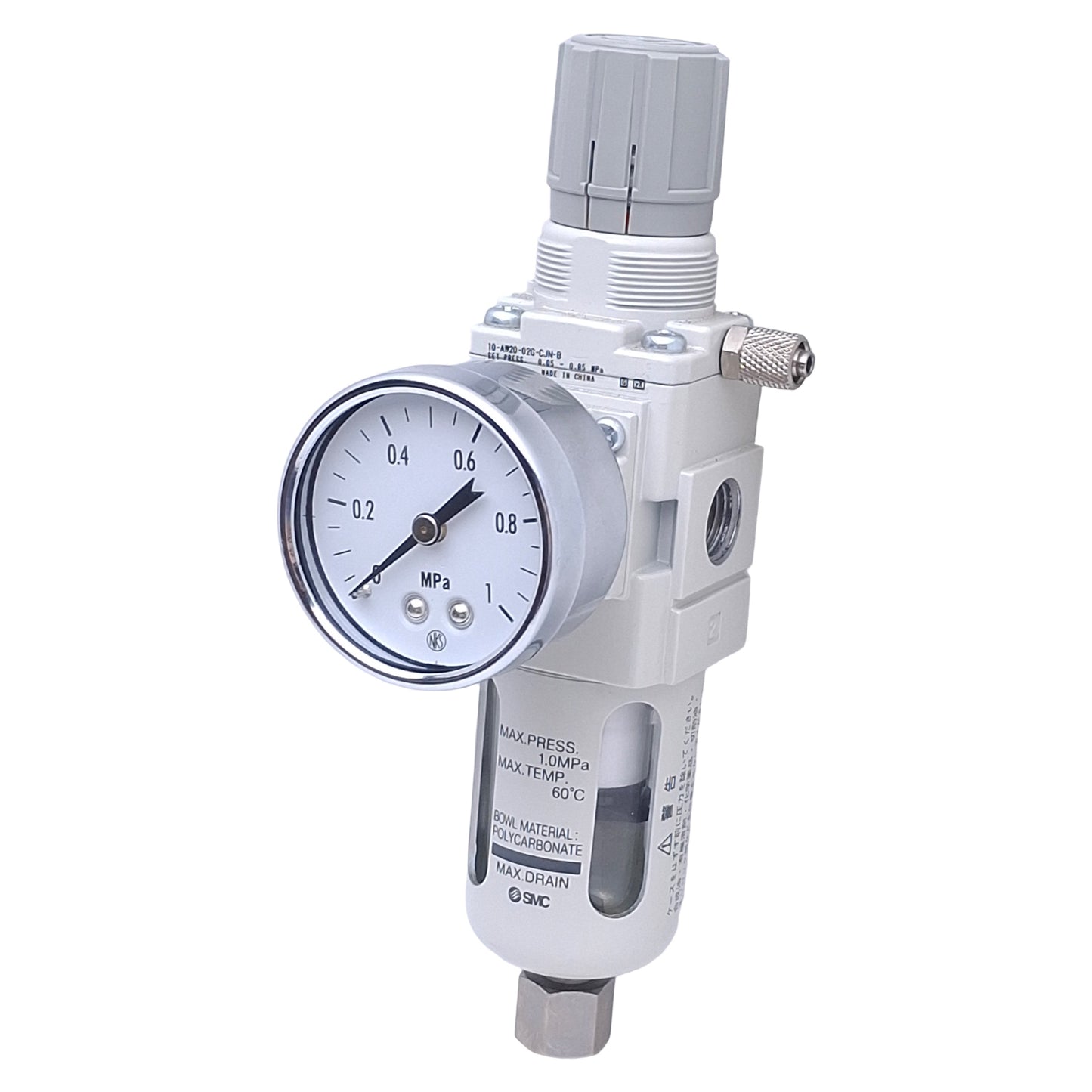 Used SMC 10-AW20-02G-CJN-B Filter Regulator w/Gauge, 0.05-0.85MPa, 1/4 NPT Ports, 5µm