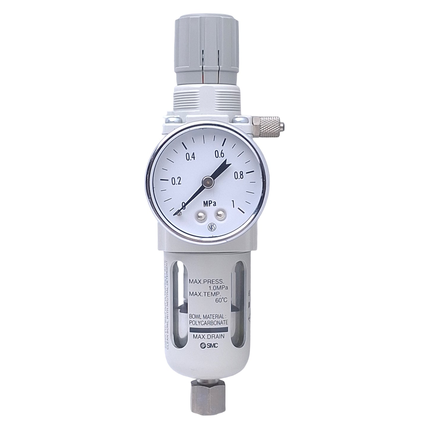 Used SMC 10-AW20-02G-CJN-B Filter Regulator w/Gauge, 0.05-0.85MPa, 1/4 NPT Ports, 5µm