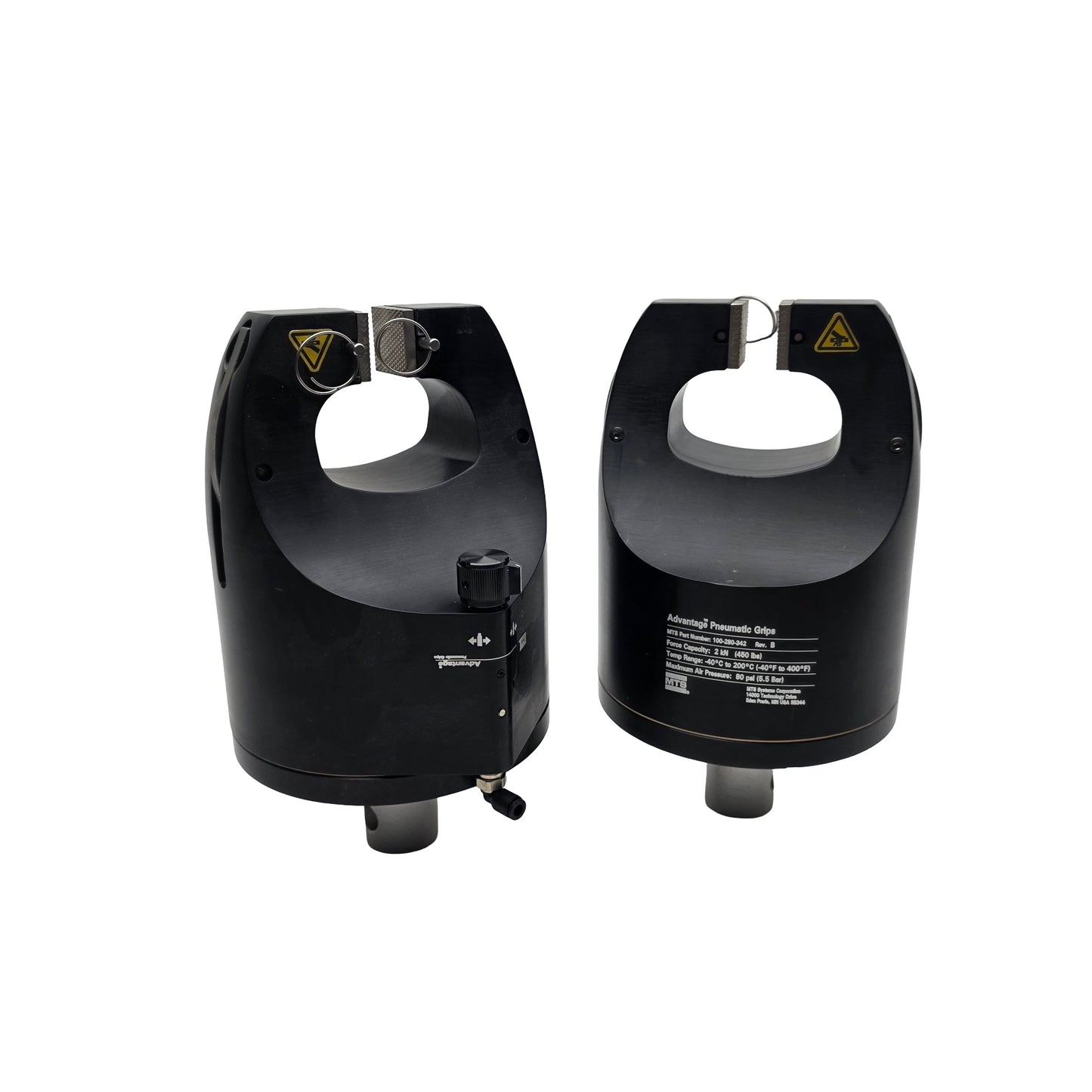 Used MTS 100-280-342 Rev. B Advantage Pneumatic Grips 2kN (450lbf) 454mm Grip Height
