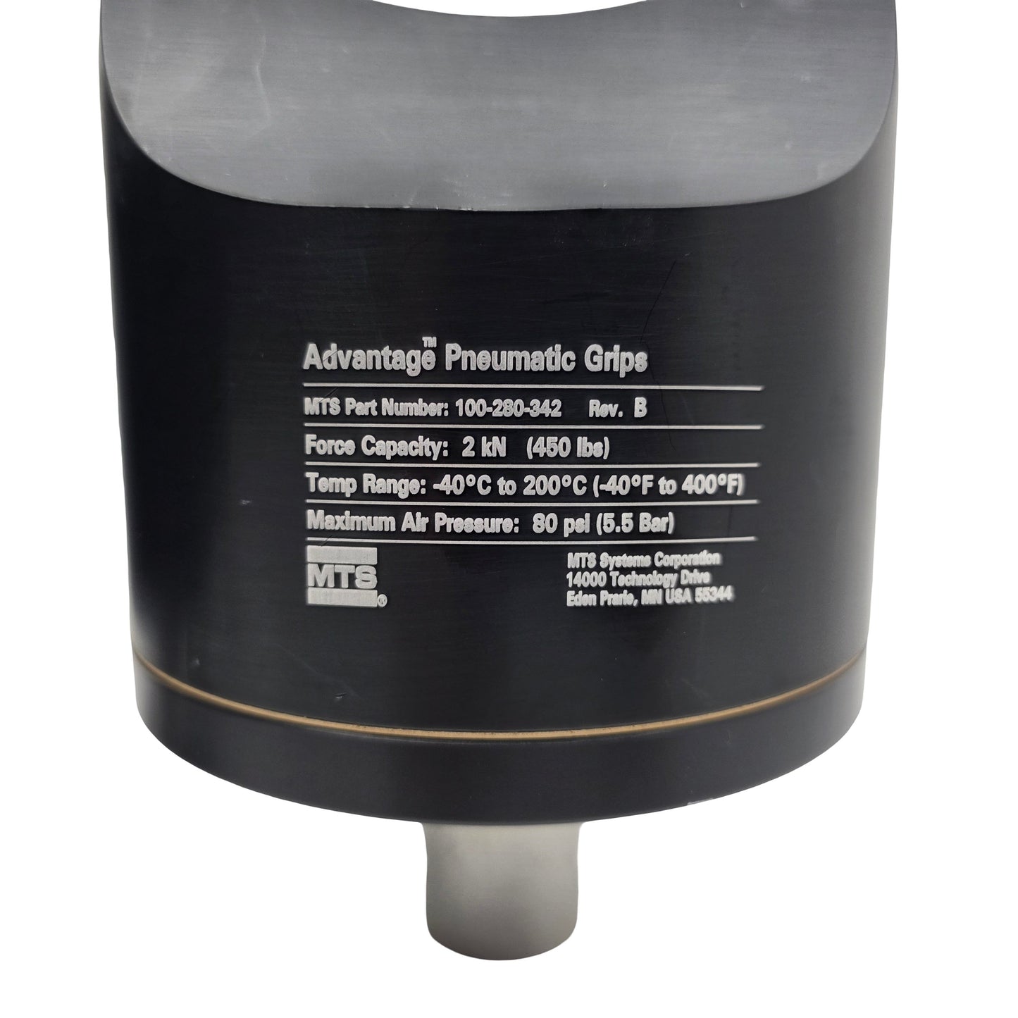Used MTS 100-280-342 Rev. B Advantage Pneumatic Grips 2kN (450lbf) 454mm Grip Height