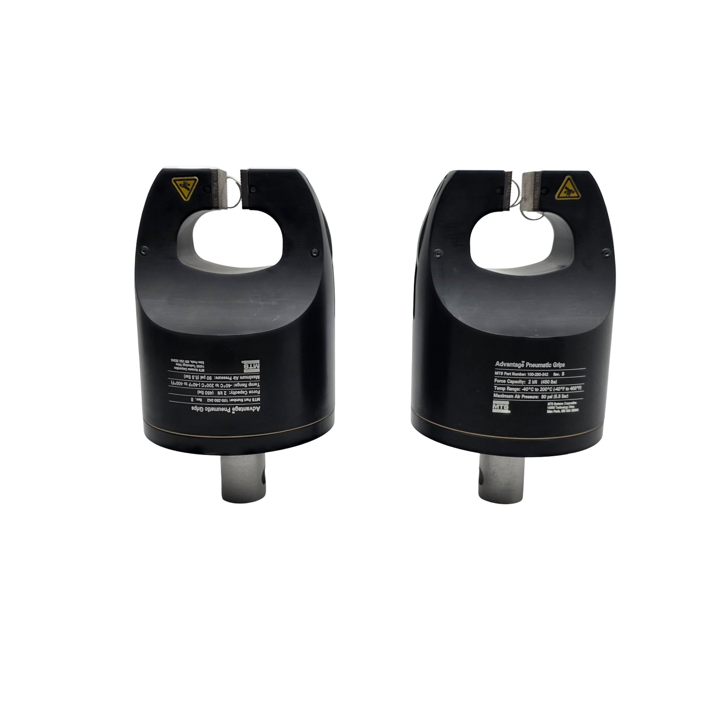 Used MTS 100-280-342 Rev. B Advantage Pneumatic Grips 2kN (450lbf) 454mm Grip Height