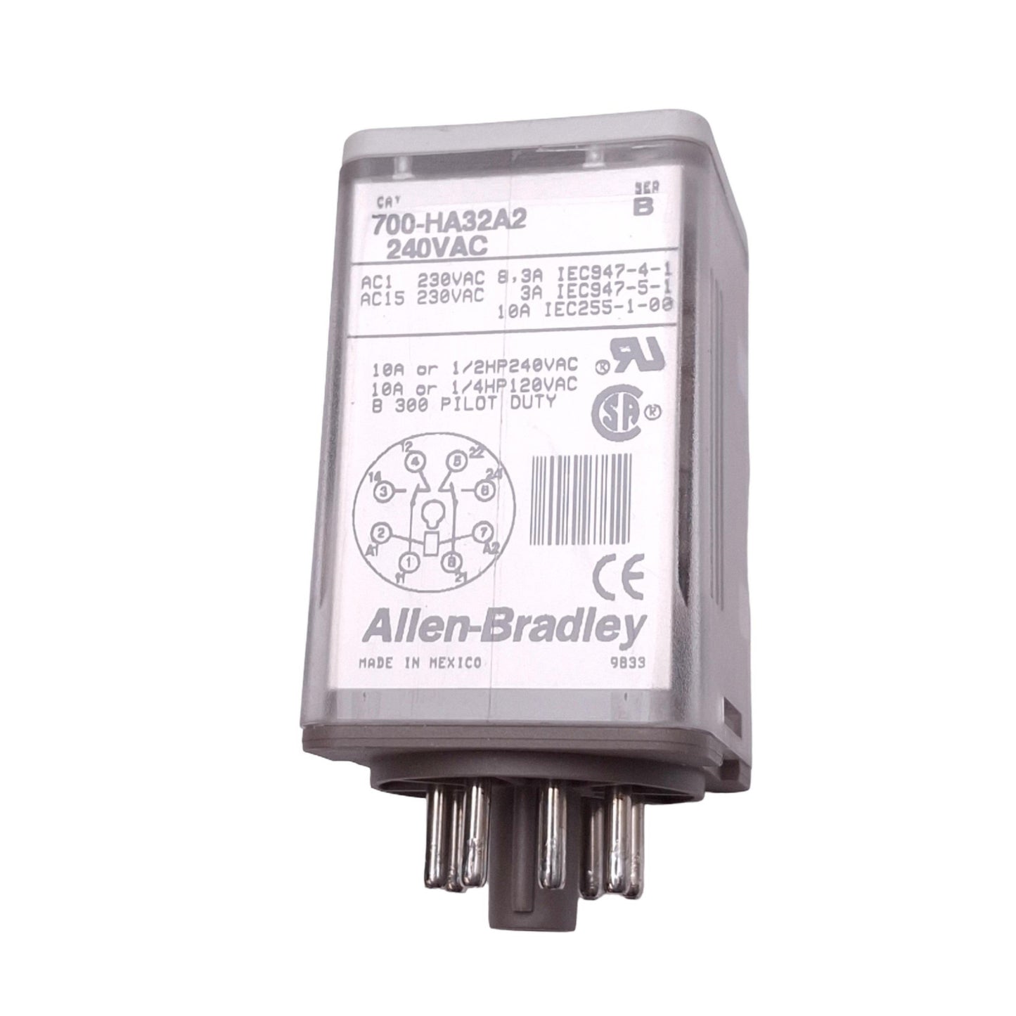 Used Allen Bradley 700-HA32A2 Relay, DPDT, 8-Pin Octal, 10A Max, 240VAC Coil