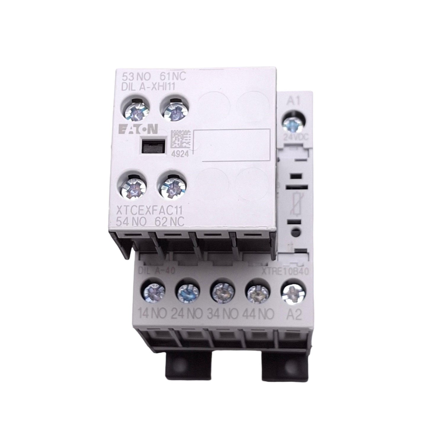 Used Eaton XTRE10B40TD Control Relay, 4-Pole NO, 1NO 1NC Aux, 10A Max, 24VDC Coil