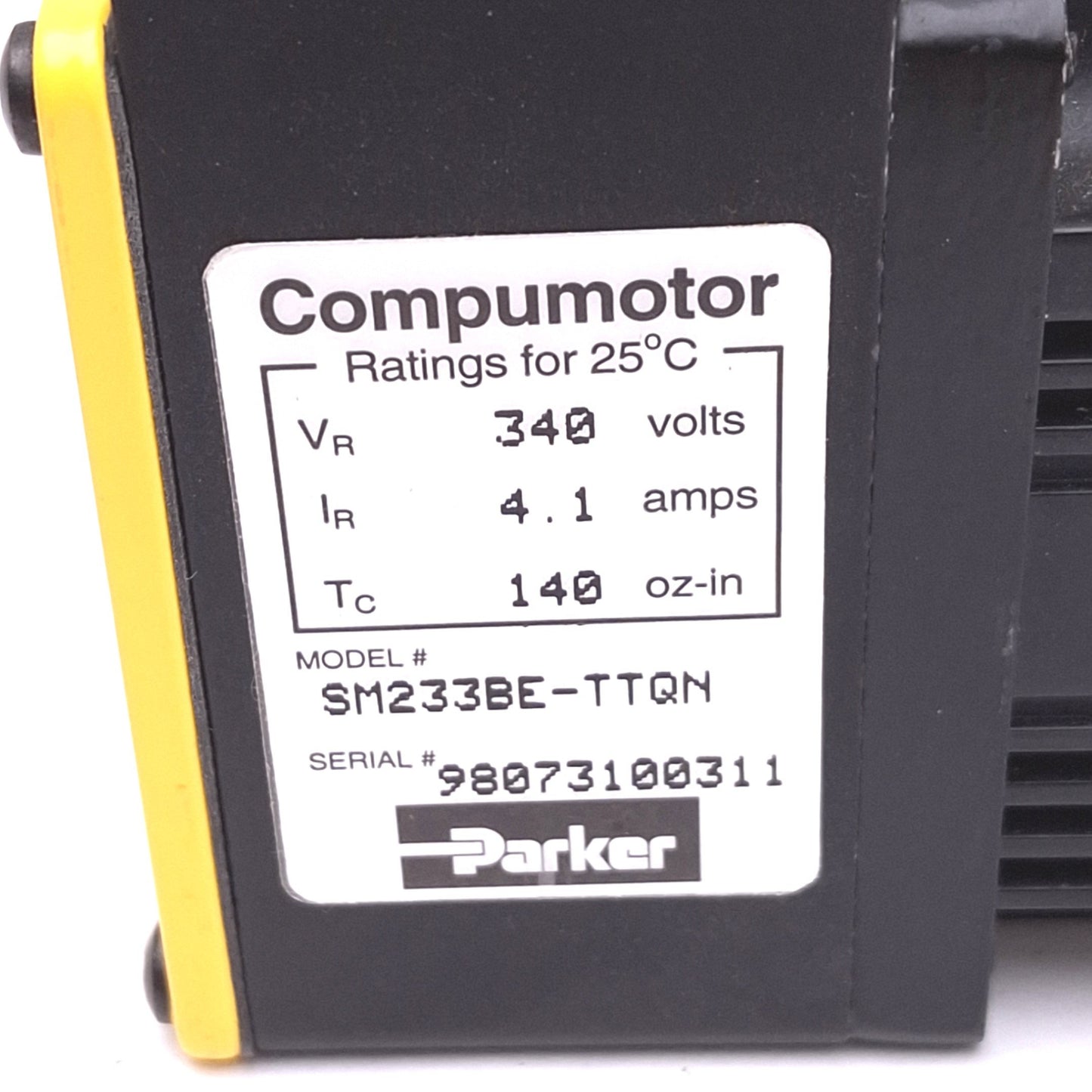 Used Parker Compumotor SM233BE-TTQN Brushless AC Servo Motor, 340V 4.1A, NEMA 23