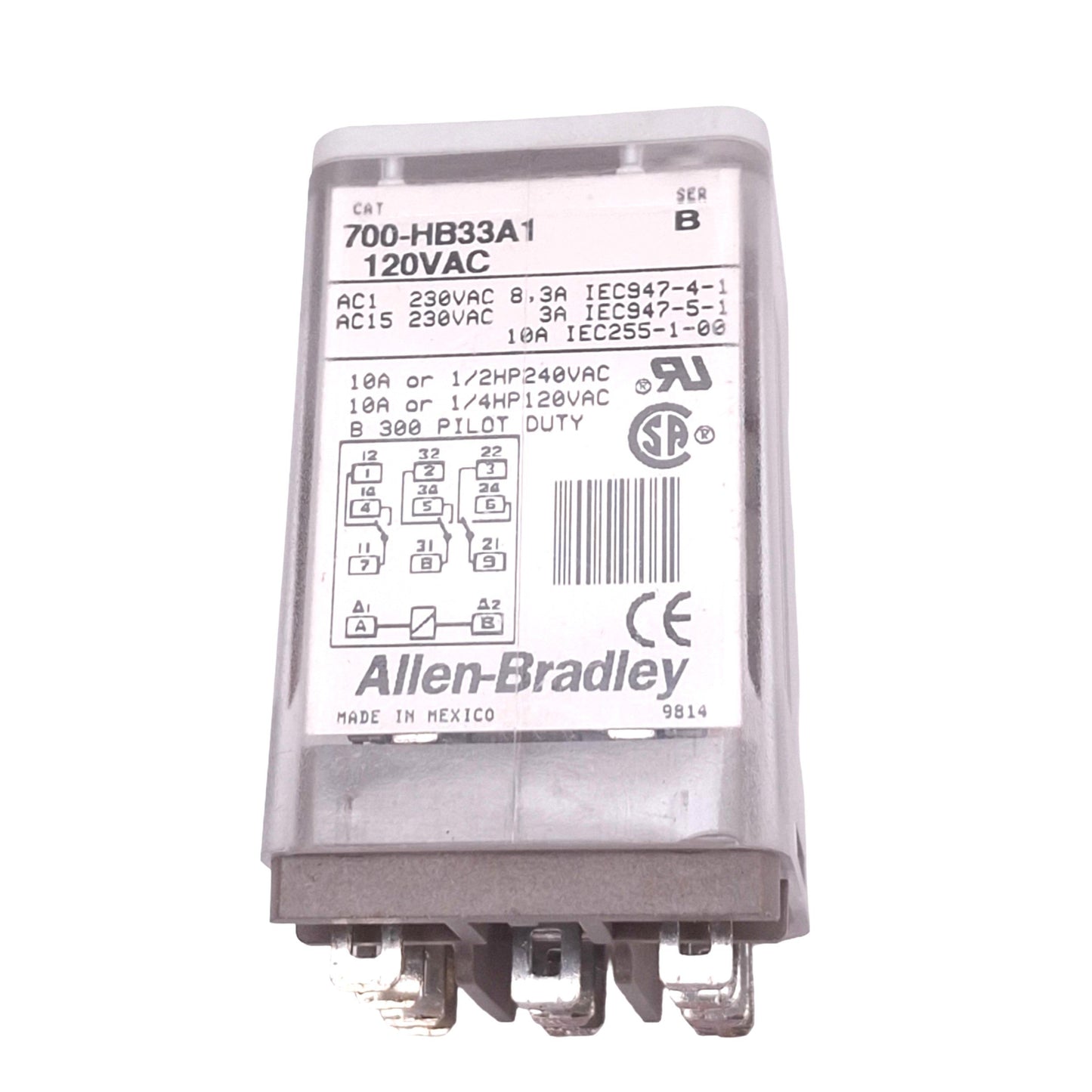 Used Allen Bradley 700-HA33A1 Relay, 3PDT, 11-Pin Blade, 10A Max, 120VAC Coil