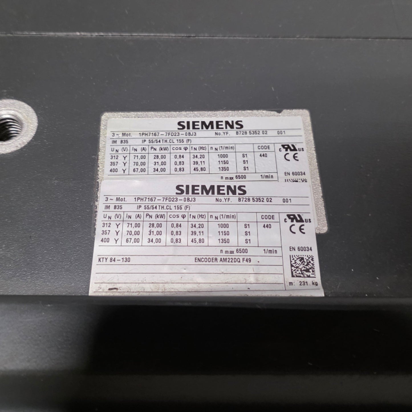 Used Siemens 1PH7167-7FD23-0BJ3 Asynchronous Motor 28kW, 312VAC 3-Ph 71A, 1000RPM