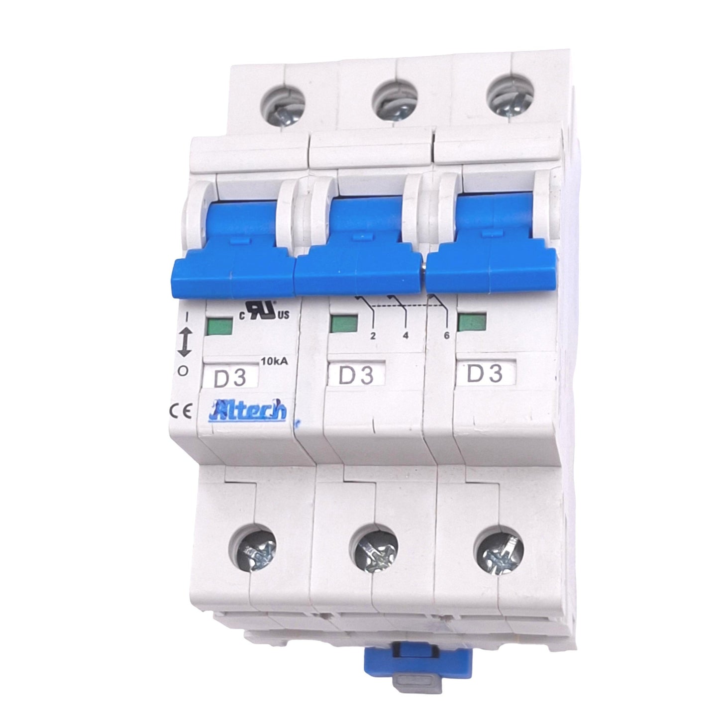 New – Open box Altech 3DU3R Circuit Breaker, 3-Pole, 3A, D-Curve, 480Y/277VAC Max, DIN Rail