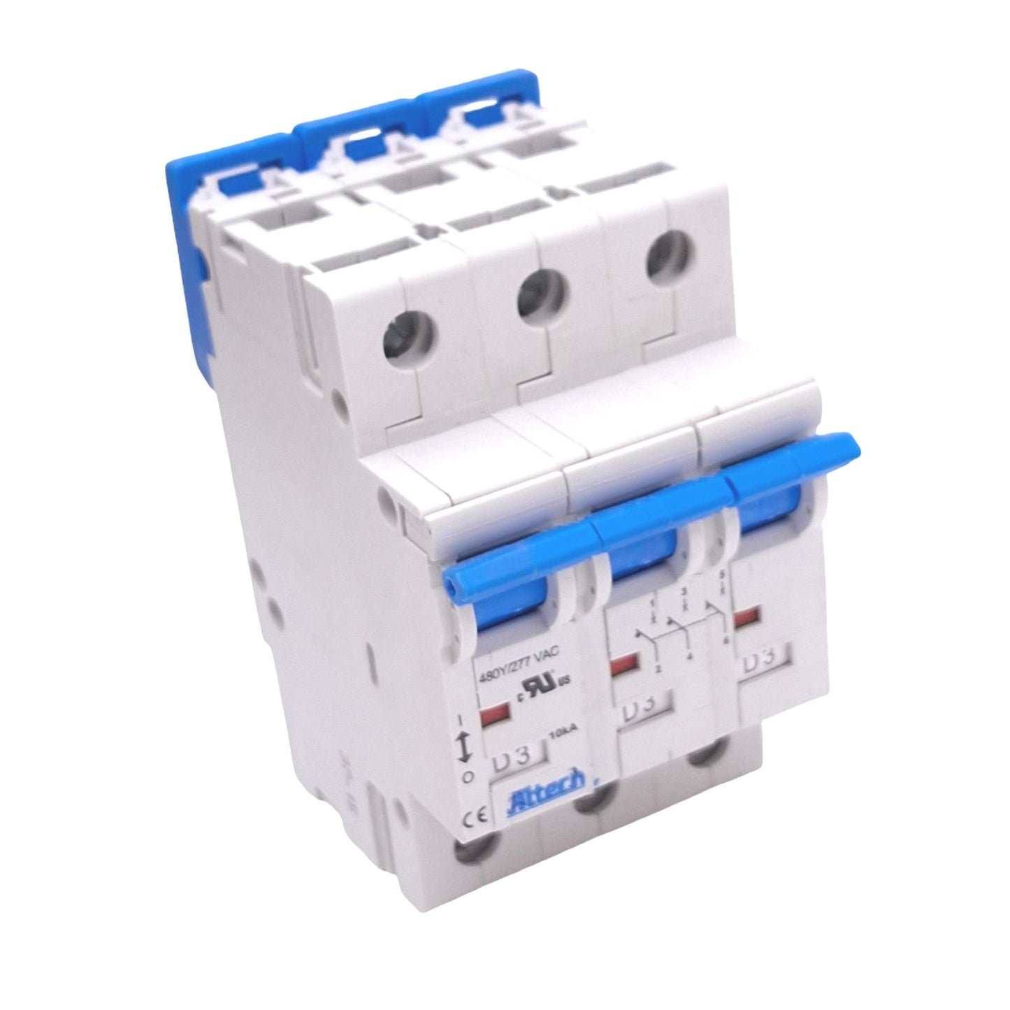 New – Open box Altech 3DU3R Circuit Breaker, 3-Pole, 3A, D-Curve, 480Y/277VAC Max, DIN Rail