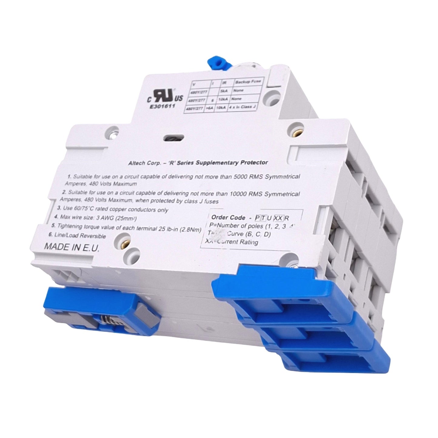 New – Open box Altech 3DU3R Circuit Breaker, 3-Pole, 3A, D-Curve, 480Y/277VAC Max, DIN Rail