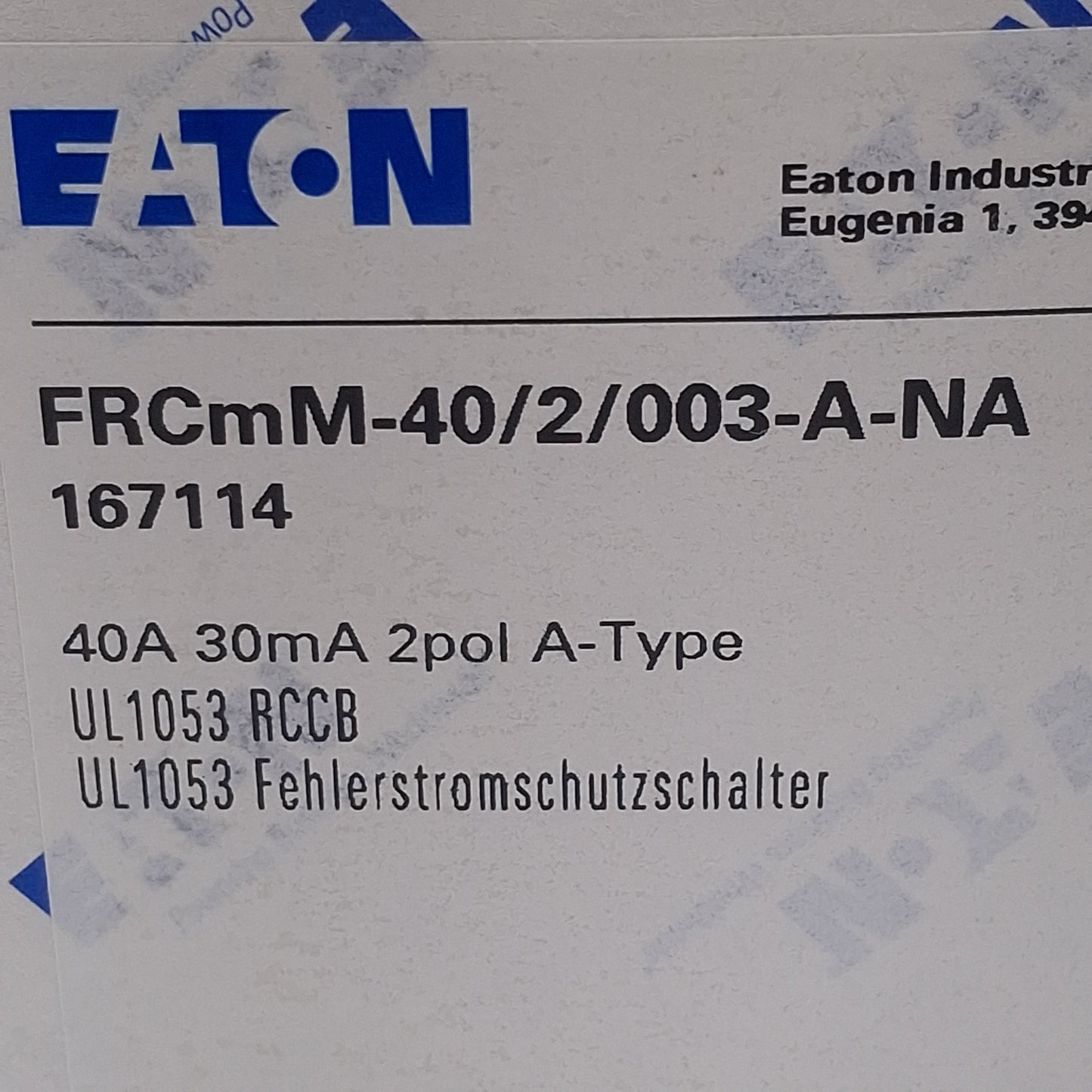 New Eaton FRCMM-40/2/003-A-NA Residual Current Circuit Breaker, 2P, 30mA, 40A 240VAC
