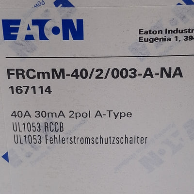 New Eaton FRCMM-40/2/003-A-NA Residual Current Circuit Breaker, 2P, 30mA, 40A 240VAC