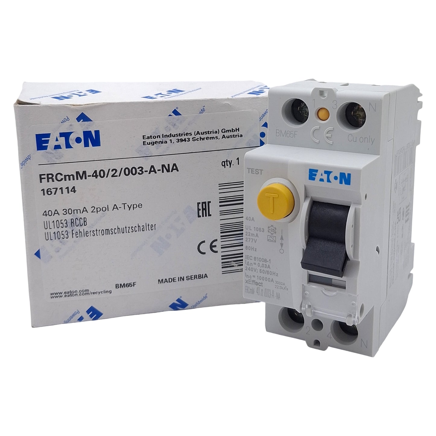 New Eaton FRCMM-40/2/003-A-NA Residual Current Circuit Breaker, 2P, 30mA, 40A 240VAC