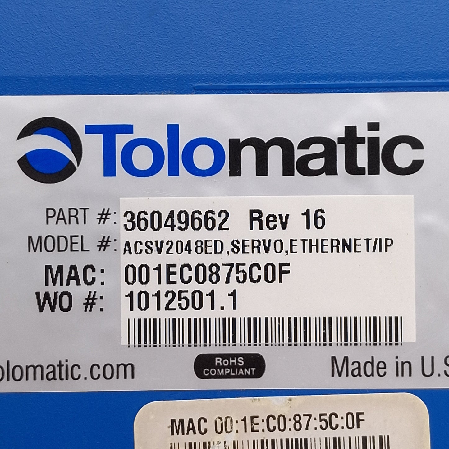 Used Tolomatic 36049662 ACSV2048ED Servo Drive/Controller, Ethernet/IP, 10A 10-60VDC