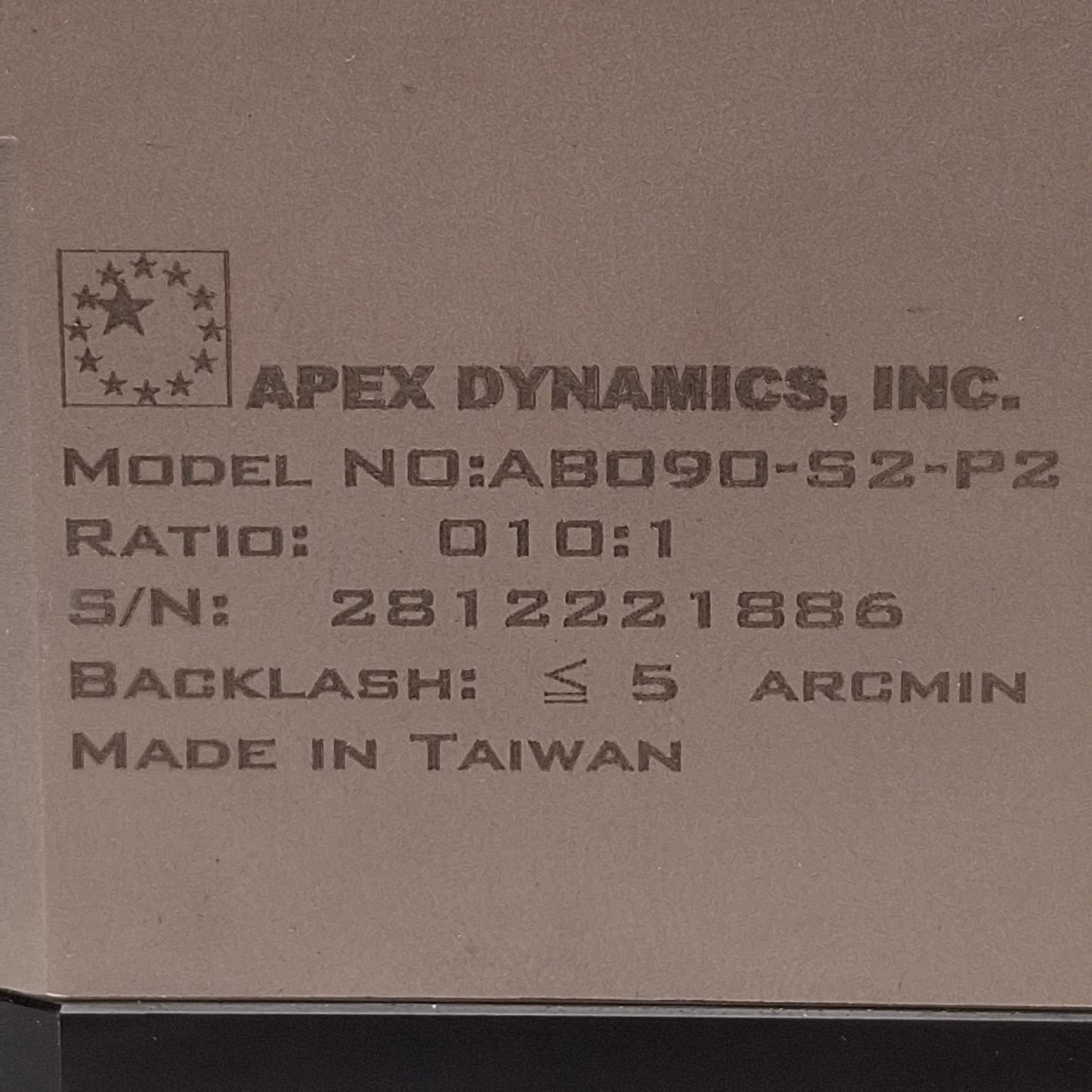 Used Apex Dynamics AB090-010-S2-P2 Planetary Gearbox, 10:1, 4000rpm, ø22mm Shaft