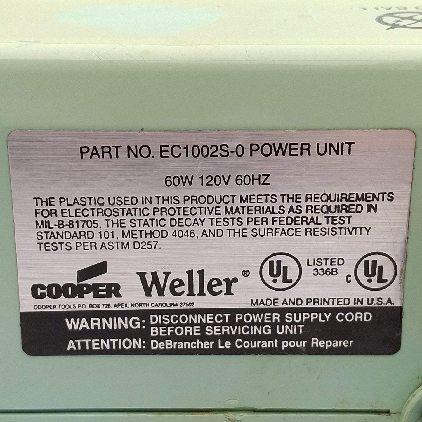 Used Weller EC1002S-0 Soldering Station Power Supply Unit, 60W 24VAC OUT, 120VAC IN