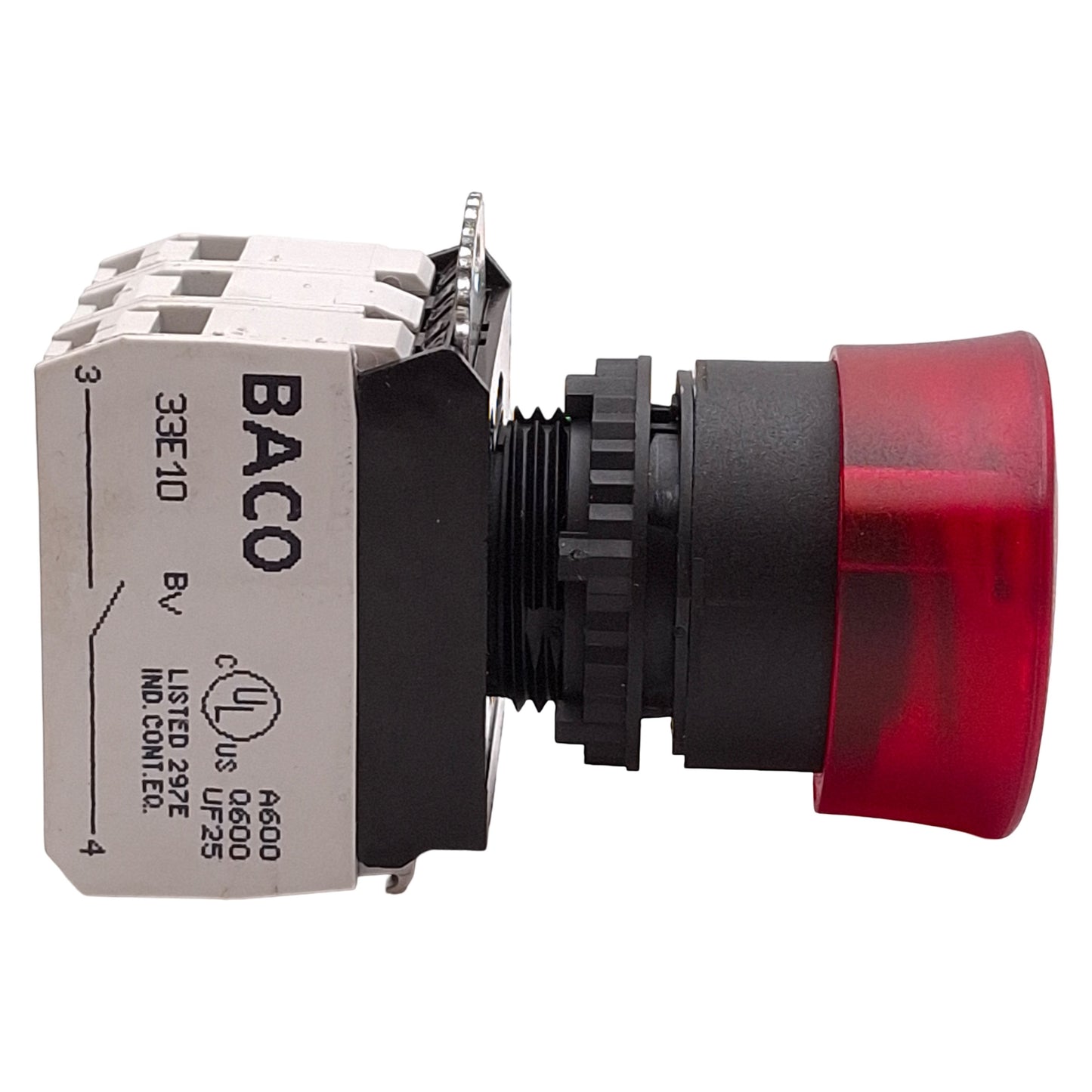 Used Baco L22EM10-3EARL11 Red Twist-Release E-Stop Pushbutton, 1NO+1NC, 24VAC/DC Lamp
