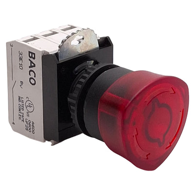 Used Baco L22EM10-3EARL11 Red Twist-Release E-Stop Pushbutton, 1NO+1NC, 24VAC/DC Lamp