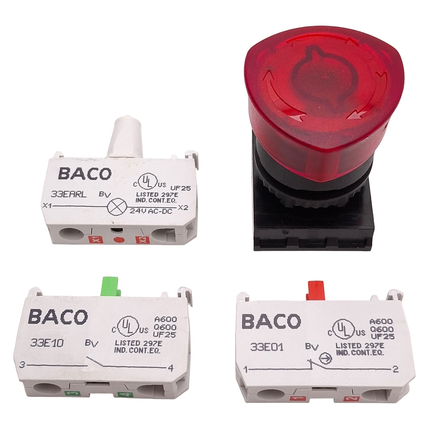 Used Baco L22EM10-3EARL11 Red Twist-Release E-Stop Pushbutton, 1NO+1NC, 24VAC/DC Lamp