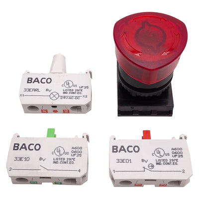 Used Baco L22EM10-3EARL11 Red Twist-Release E-Stop Pushbutton, 1NO+1NC, 24VAC/DC Lamp