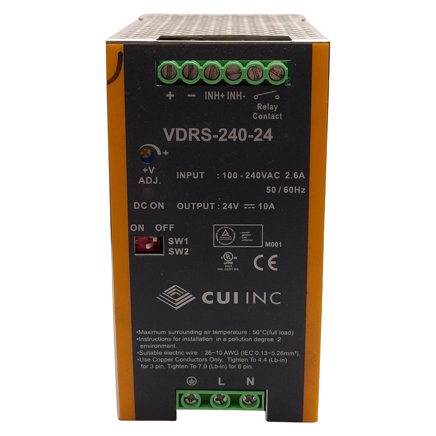 Used CUI Inc VDRS-240-24 PLC Power Supply, 240W 10A 24VDC Output, 100-240VAC Input