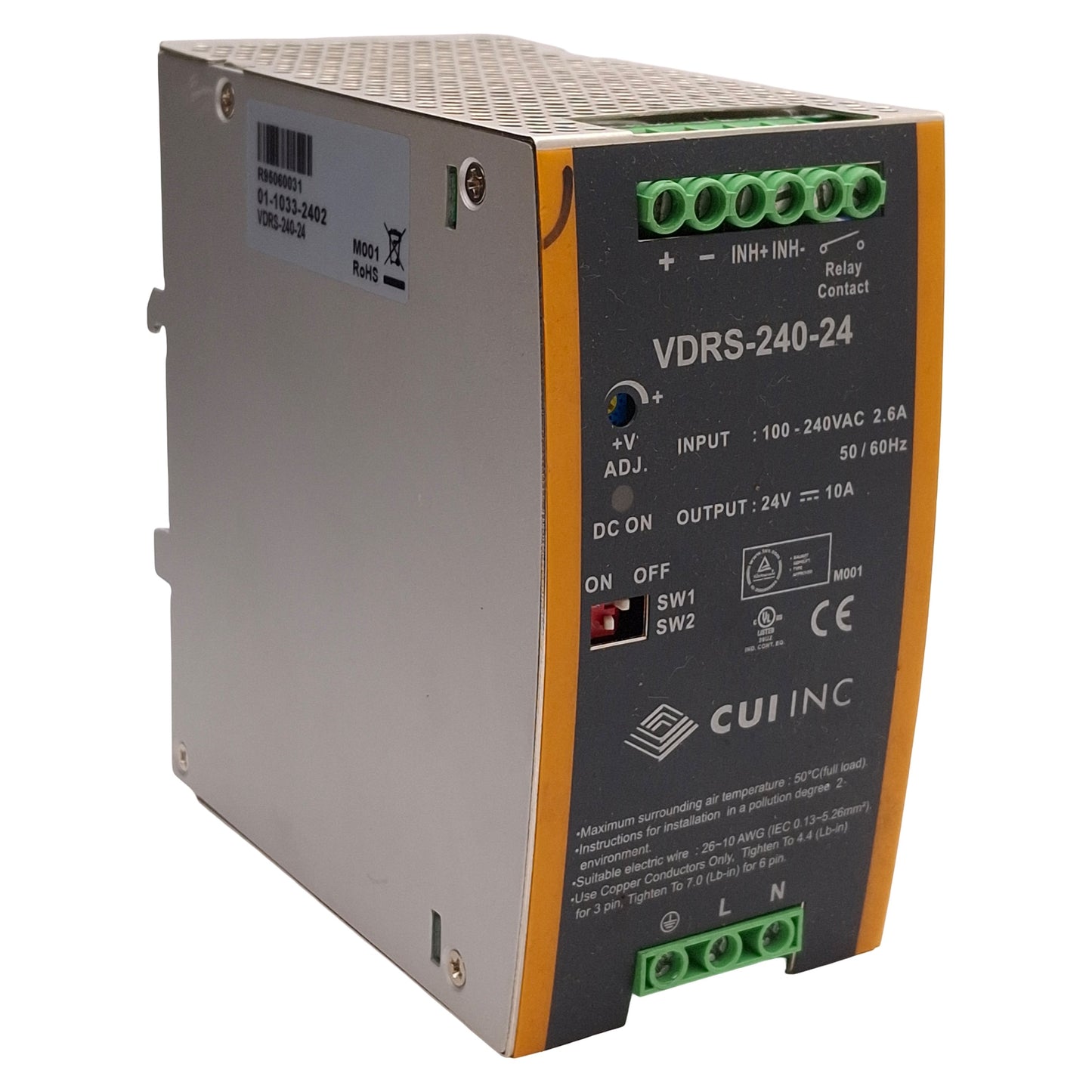 Used CUI Inc VDRS-240-24 PLC Power Supply, 240W 10A 24VDC Output, 100-240VAC Input