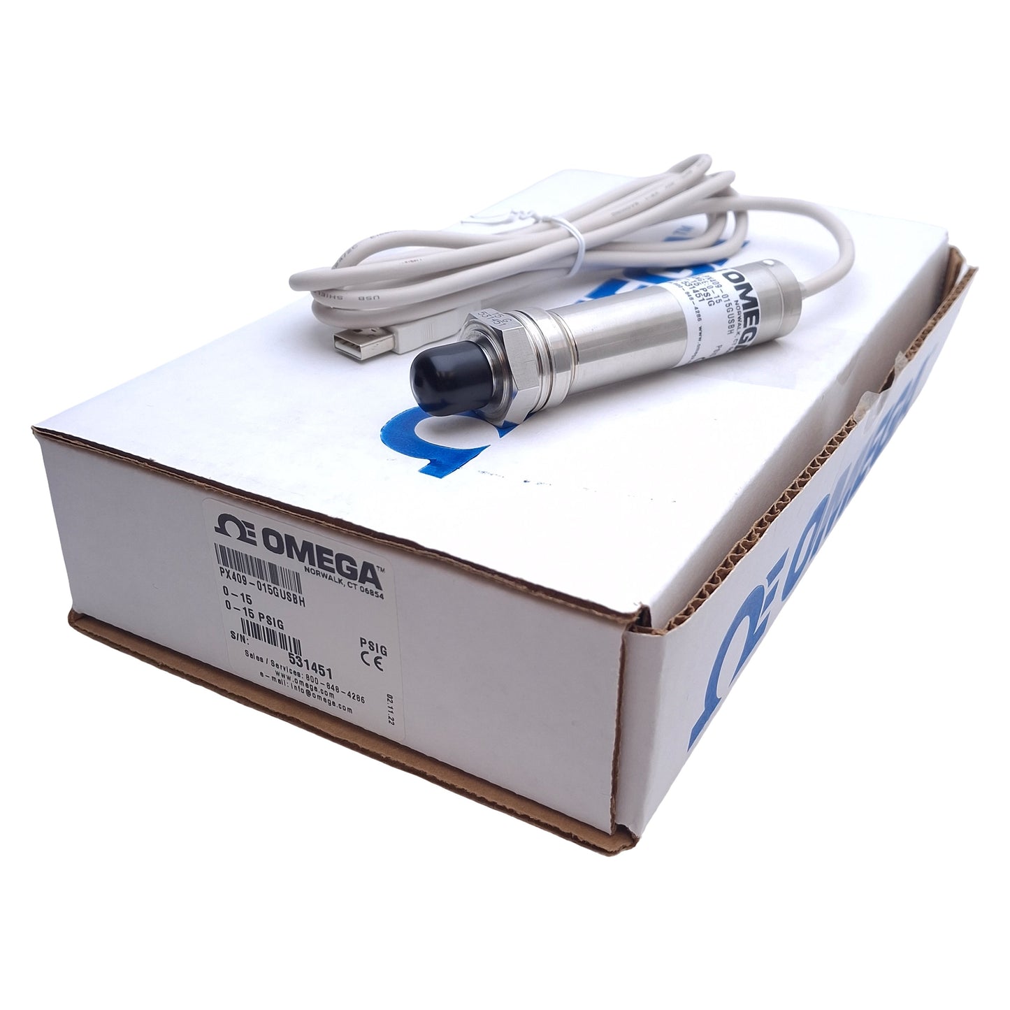 New Omega PX409-015GUSBH Pressure Transmitter 0-15psi Range, 1/4 NPT Port, USB, 2m