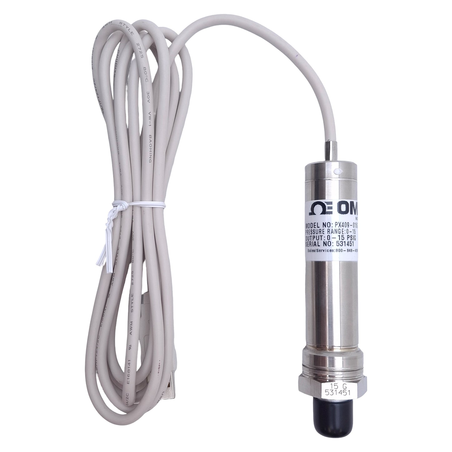 New Omega PX409-015GUSBH Pressure Transmitter 0-15psi Range, 1/4 NPT Port, USB, 2m