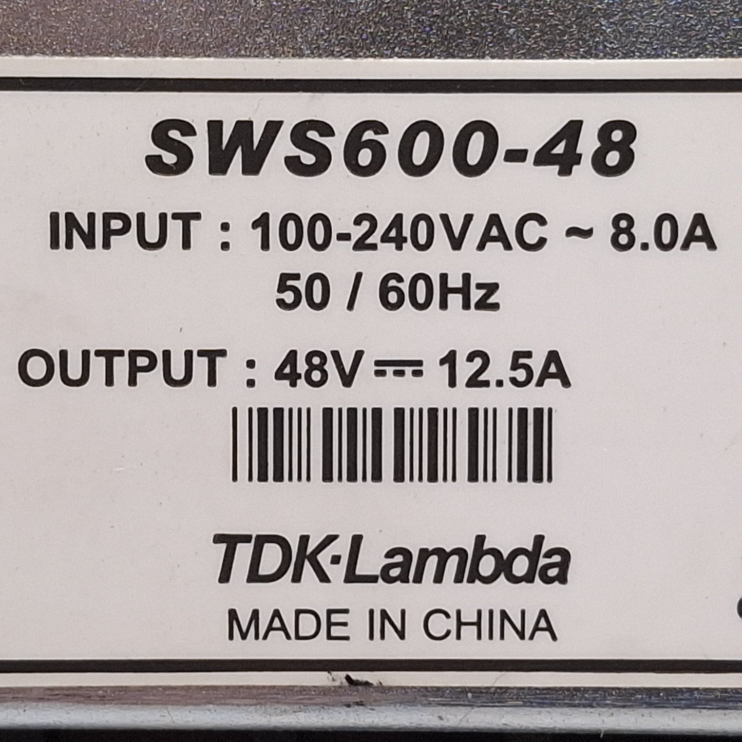 Used TDK-Lambda SWS600-48 DC Power Supply, 600W 48VDC 12.5A Output, 100-240VAC Input