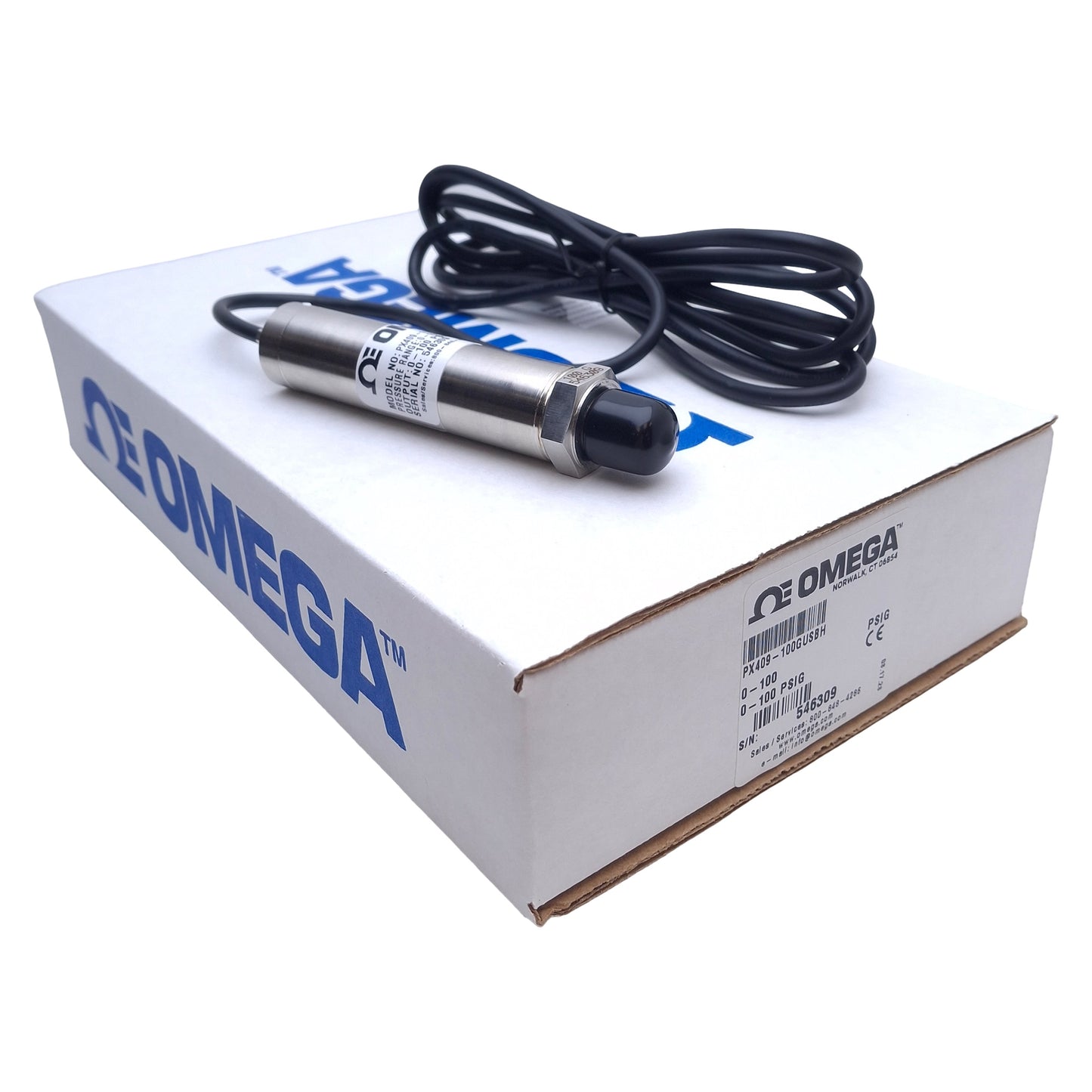 New Omega PX409-100GUSBH Pressure Transmitter 0-100psi Range, 1/4 NPT Port, USB, 2m