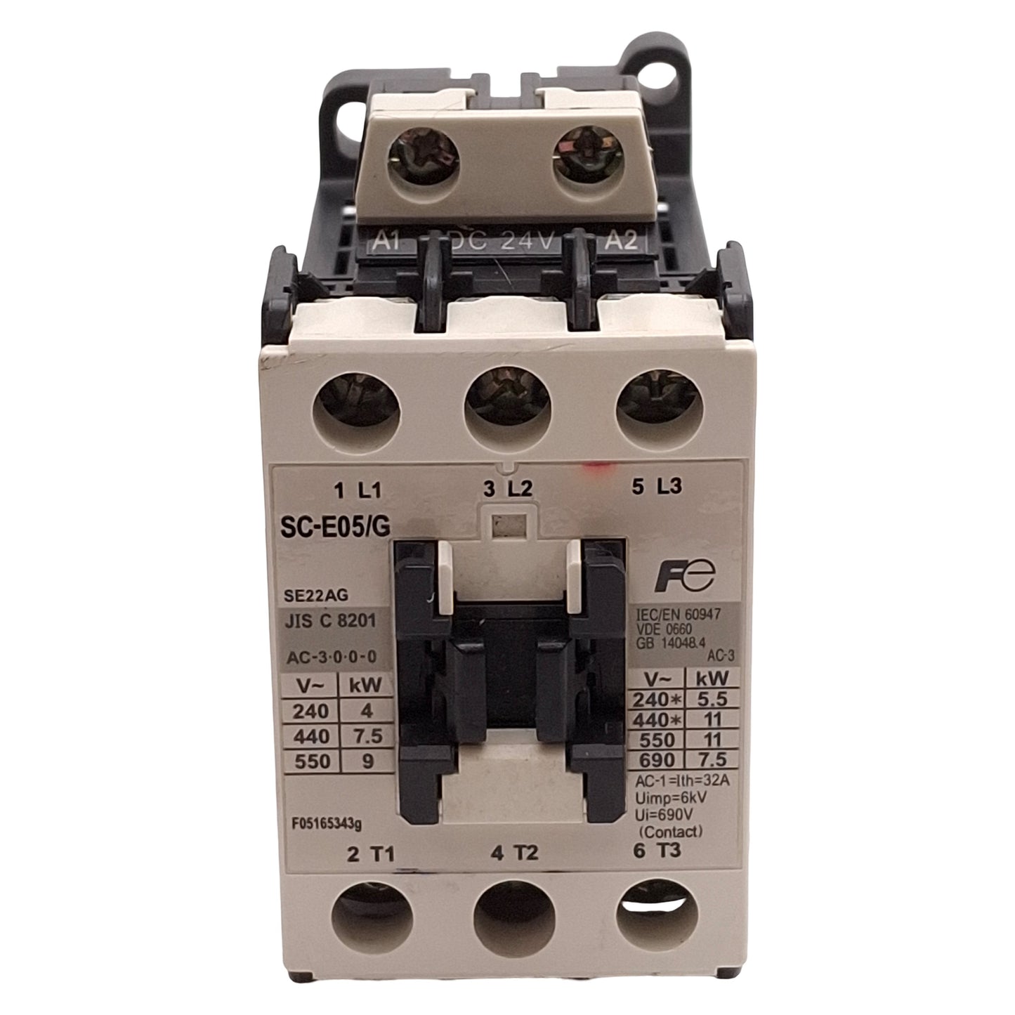 Used Fuji Electric SC-E05/G Contactor, 3-Pole, 15HP @ 3Ø 600VAC, DIN Rail, 24VDC Coil