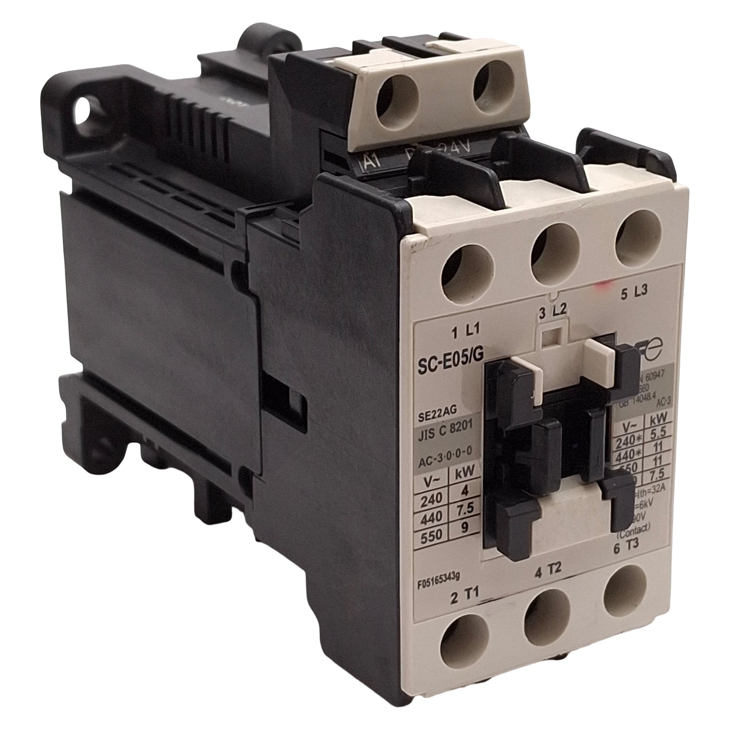 Used Fuji Electric SC-E05/G Contactor, 3-Pole, 15HP @ 3Ø 600VAC, DIN Rail, 24VDC Coil