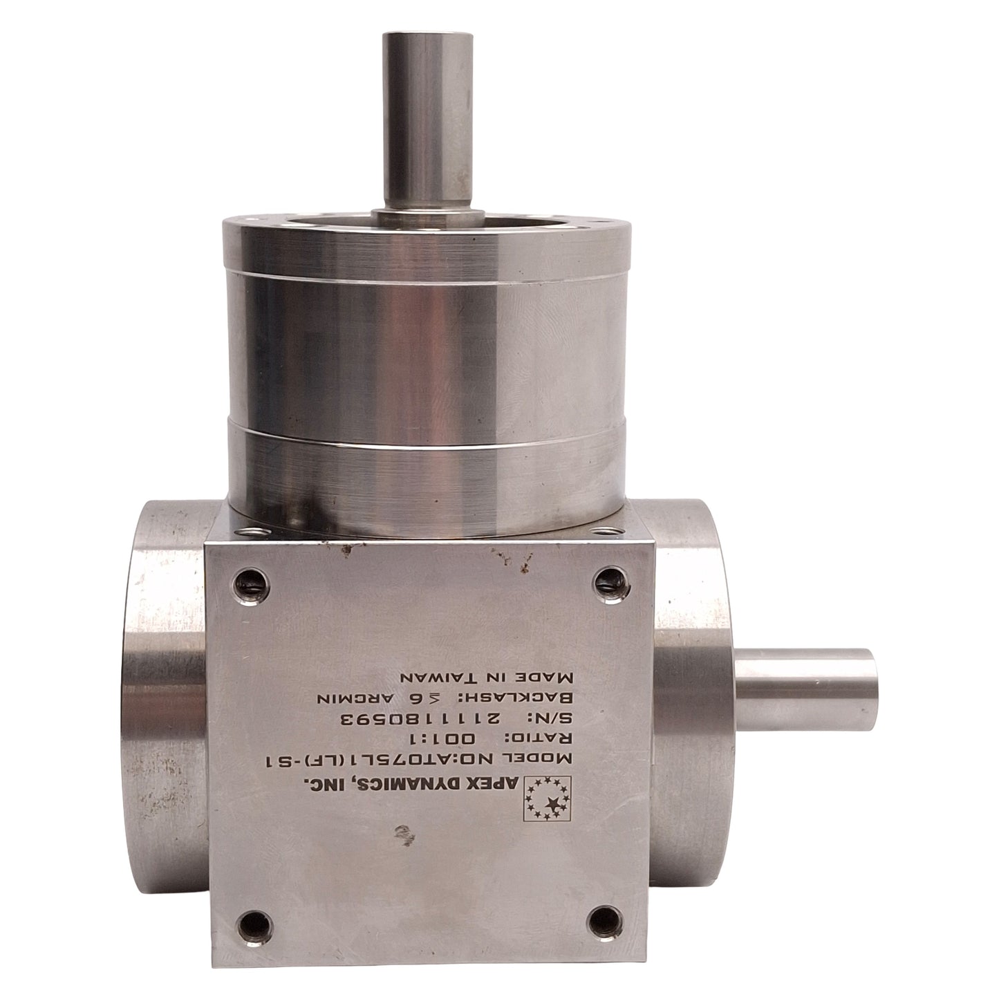 Used Apex Dynamics AT075L1(LF)-S1 Right Angle 1:1 Gearbox, 45Nm, 6500rpm, ø16mm Shaft