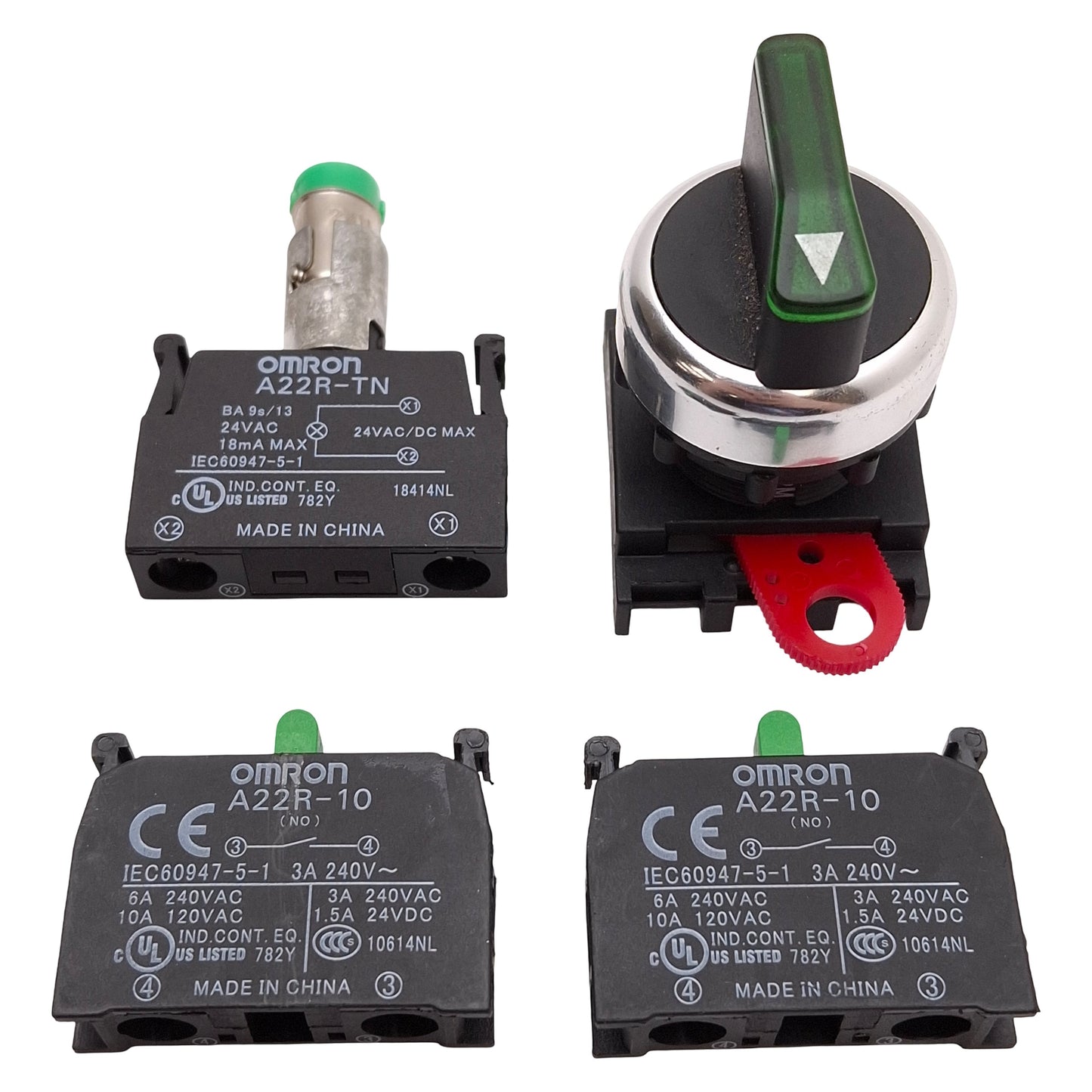 Used Omron A22RW-3MG-24A-20 Green Illuminated Selector Switch, 3-Position, 2NO, 24V