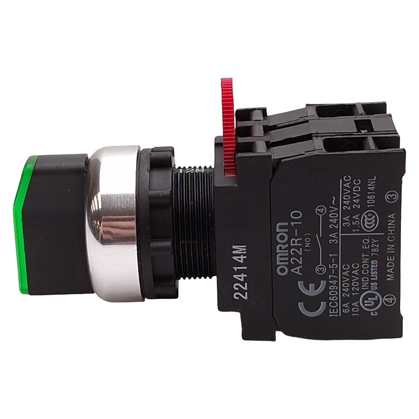 Used Omron A22RW-3MG-24A-20 Green Illuminated Selector Switch, 3-Position, 2NO, 24V