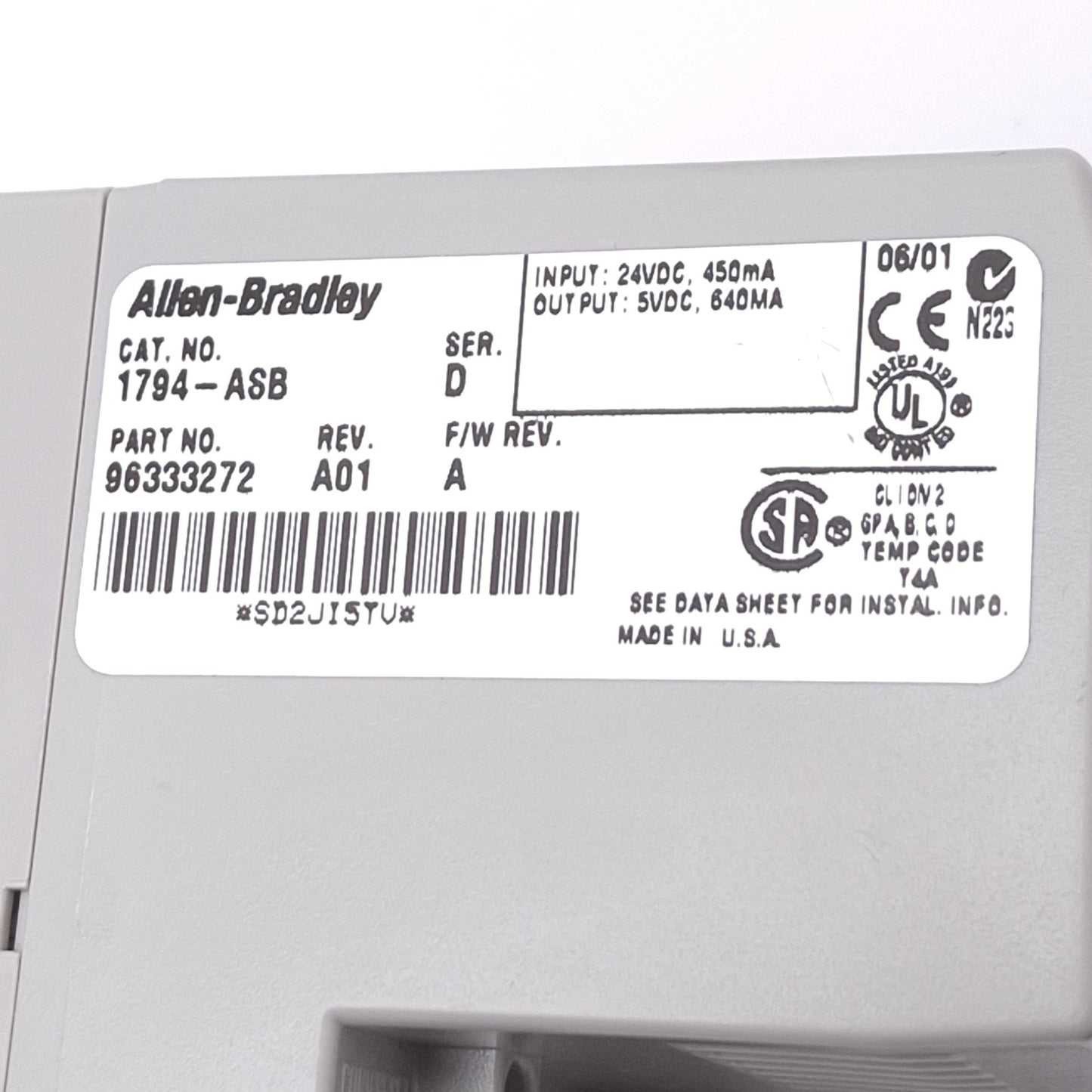Used Allen Bradley 1794-ASB FLEX I/O Remote Adapter, 8-Module, 24VDC In, 5VDC Out